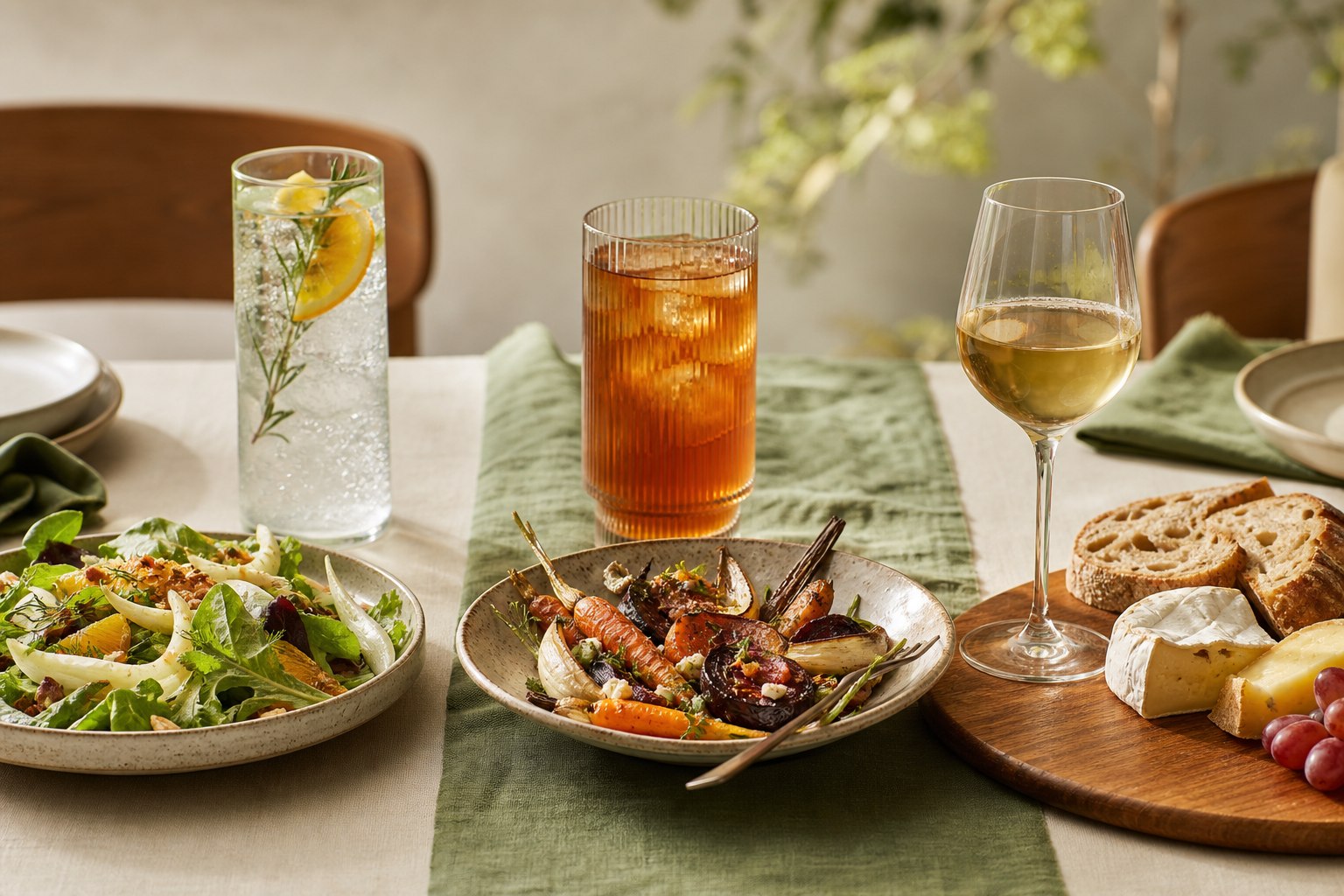 Drie alcoholvrije dranken met citrus, thee en appel naast salade, geroosterde groenten en brood