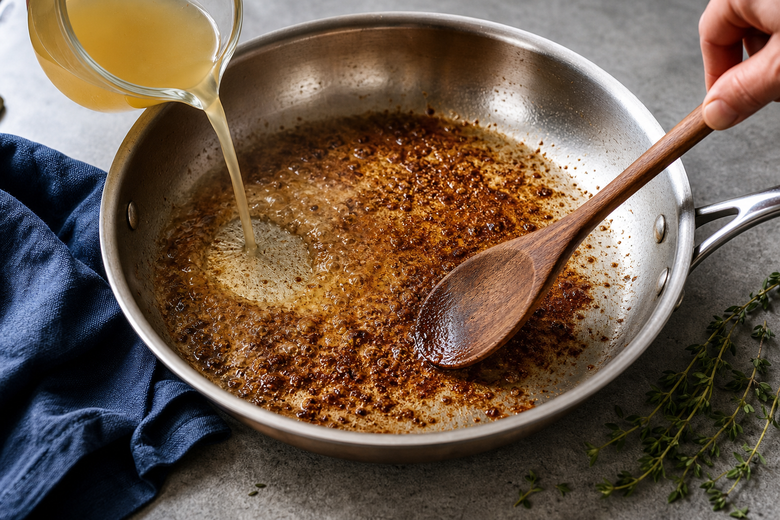 Roestvrijstalen koekenpan met bruine aanbaksels, bouillon, kruiden en een houten spatel